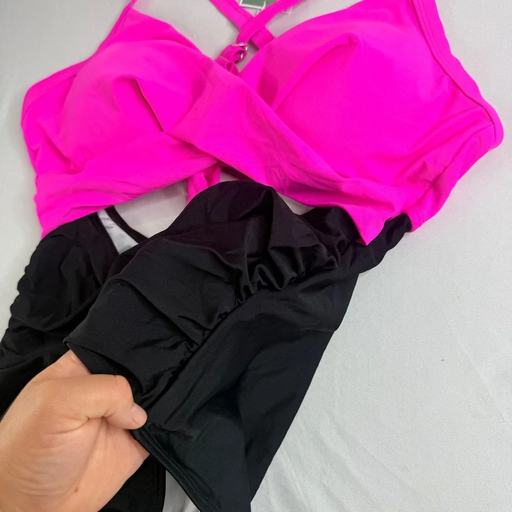 Tummy Control Slimming Pink and Black Cutout One Piece Swimsuit Ruched Large NWT